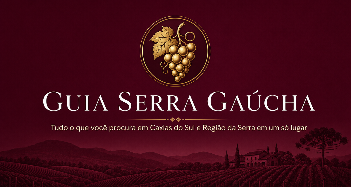 Vinícolas e montanhas da Serra Gaúcha com o logo do GUIA SERRA GAÚCHA